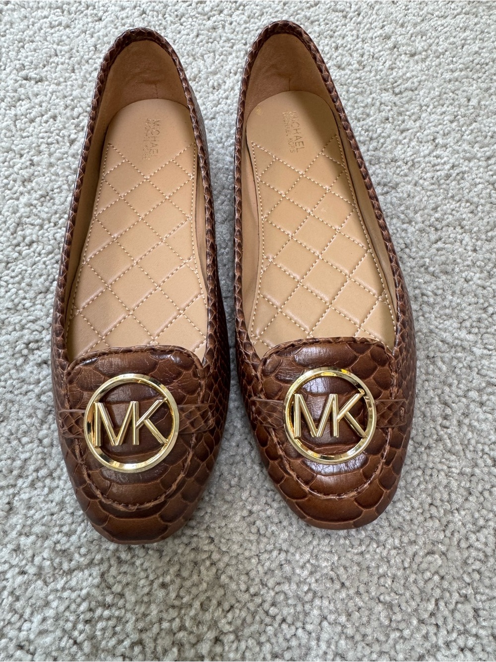 Michael Kors Brown Croc-Embossed MK Logo Flats